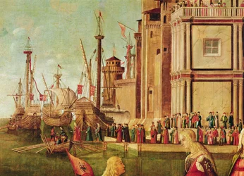 De ontmoeting van Etherius en Ursula en het vertrek van de pelgrims, uit de St. Ursula-cyclus, c.1490-96 (detail)